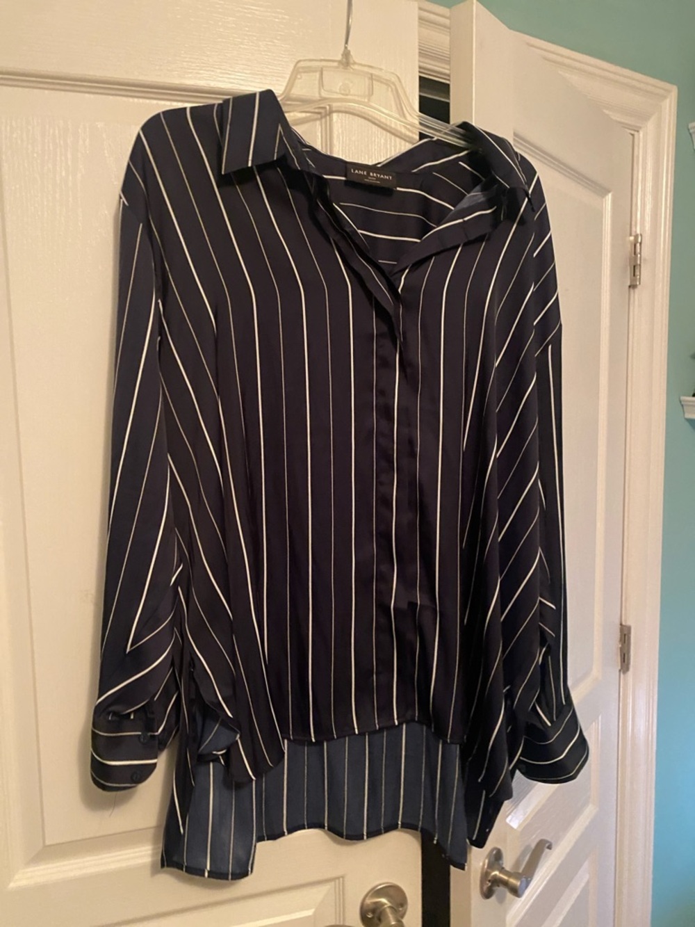Lane Bryant Navy and White Vertical Stripe Button-Down Shirt